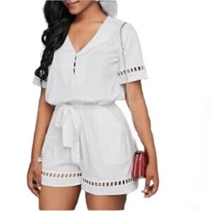 NORDSTROM FRAICHE by J White Eyelet V-Neck Short Sleeve Romper Womens Size Large
